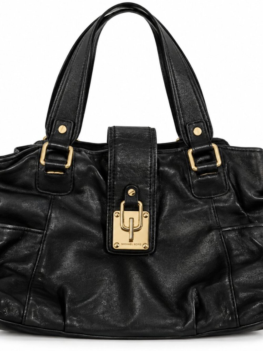 Michael Kors Black Leather Satchel Handbag Gold Hardware Shoulder Tote Purse
